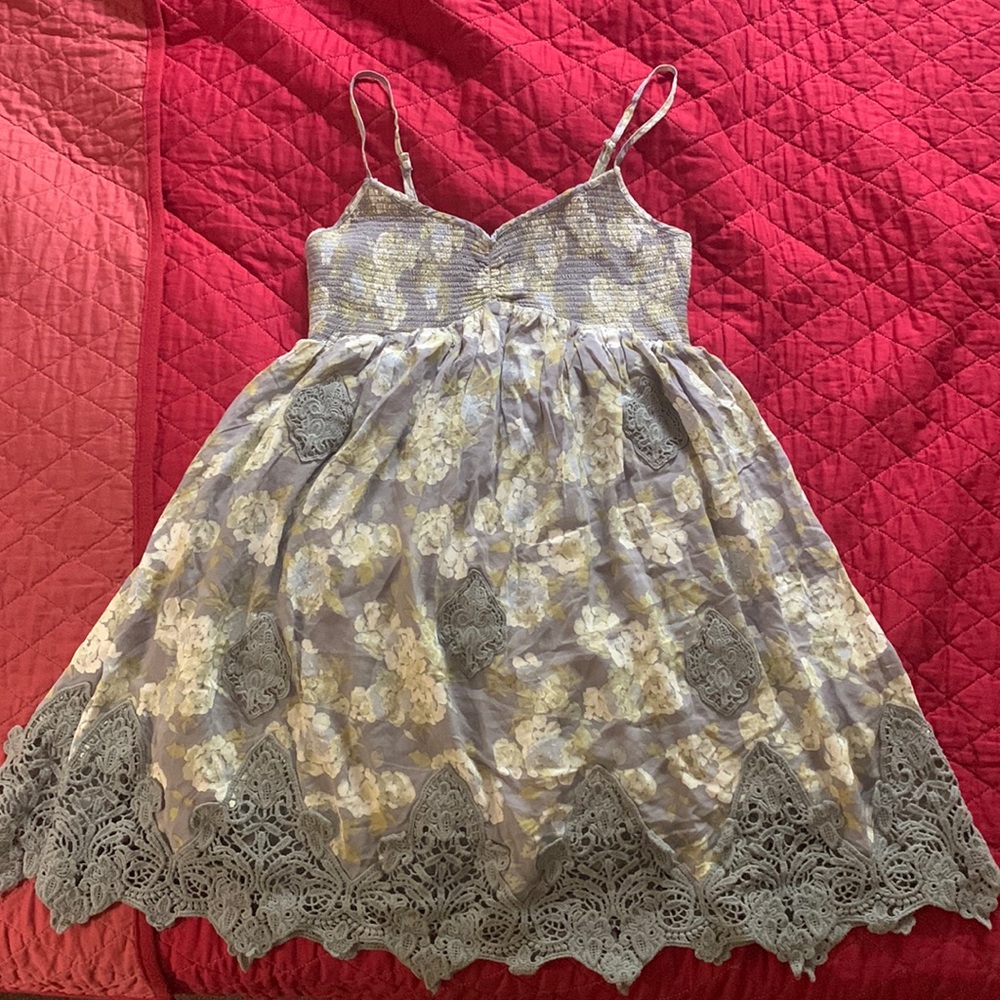 Free People Grey Blue Floral Crochet Tunic Dress